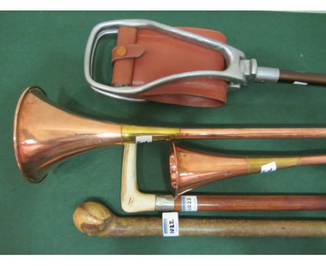 Two copper post horns, shooting stick, Edwardian antler handled malacca walking stick and one other (5) Condition Report Clic