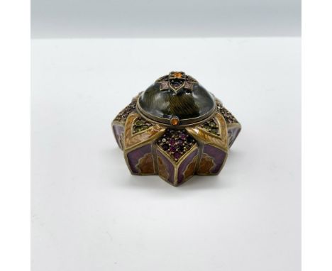 Beautiful tiny trinket box with enamel and colorful crystals. Jay Strongwater stamp on the bottom. Dimensions: 2.25"L x 2.25"