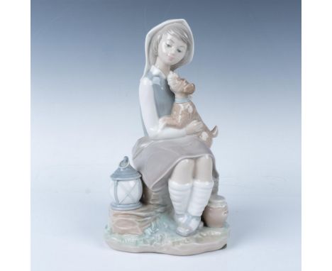 Glazed figure of a smiling girl holding a lantern with her dog, creating a peaceful atmosphere. Lladro backstamp. Artist: Jos