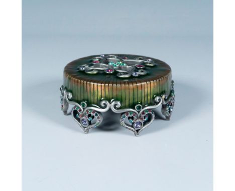 Green enamel decorated with multi color crystals. Jay Strongwater backstamp. This item has its original box (5.25"L x 5.25"W 