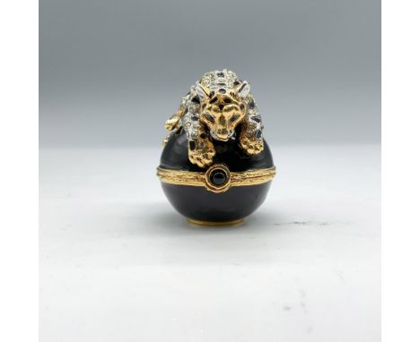 Beautiful gold metal big cat trinket box with enamel and black and clear crystals. Jay Strongwater stamp on the bottom. Dimen