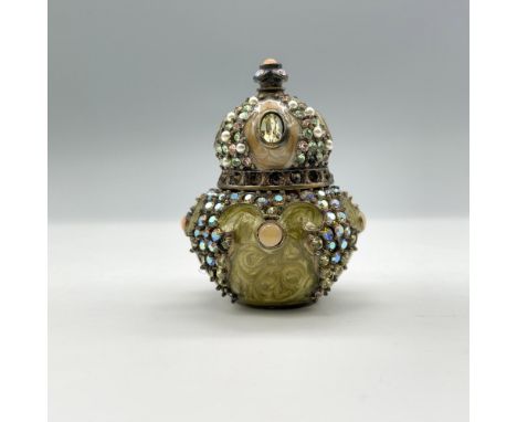 Beautiful tiny trinket box with enamel and colorful crystals. Jay Strongwater stamp on the bottom. Dimensions: 1.5"dia. x 2"H