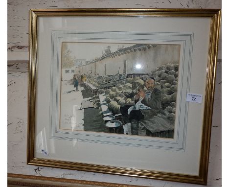 Watercolour of a river scene, and a watercolour of a market with a melon seller, by R. Standish Sweeney (born 1917)