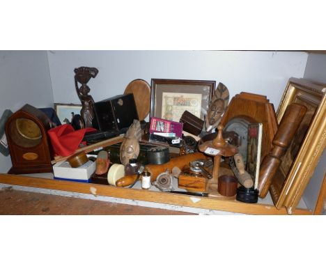 Assorted items, inc. wood clock case, safety razor, barometer and rolling pin, etc.