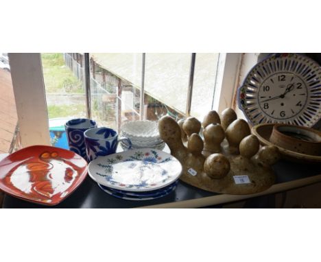 Poole Delphis spear shaped dish, six Branksome china water lily bowls. Retro Brutalist studio pottery wall hangings and a wal