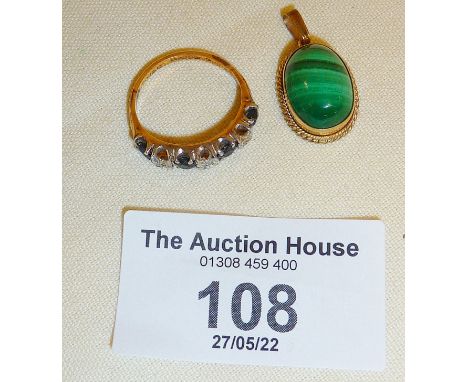 9ct gold malachite pendant or fob charm, and a 9ct gold ring set with blue and white stones, approx UK size K. Combined appro