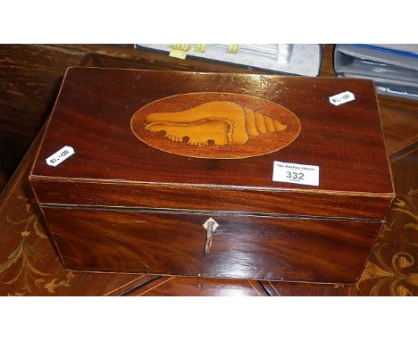 Georgian mahogany tea caddy with shell inlay and having cut glass mixing bowl and key
