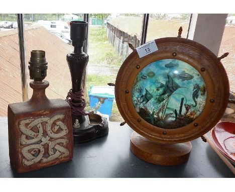 Studio pottery stoneware lamp base, a Bakelite table lamp and a vintage mid-century wood and perspex aquarium lamp base