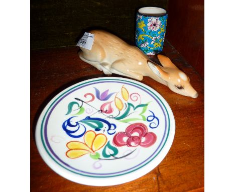 USSR Lomonosov deer figurine, a match holder/striker, and Poole Pottery dish