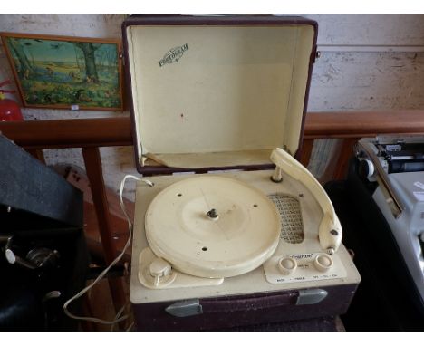 A vintage retro Babygram portable record player, together with a Supergrand wind-up gramophone