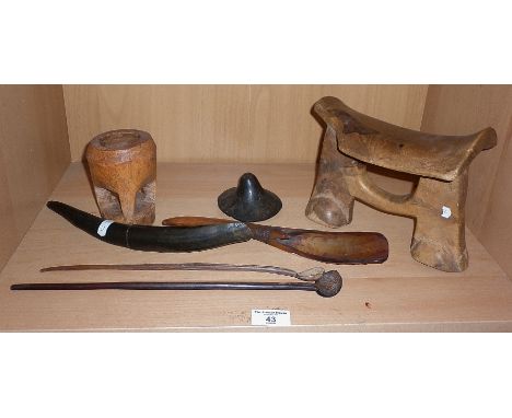 Tribal Art - African chief's stool, horn spoons and three other items
