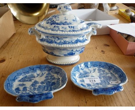 Pair of 19th c. pearlware blue and white dishes and a small blue and white transfer decorated tureen and ladle, marked "C", p