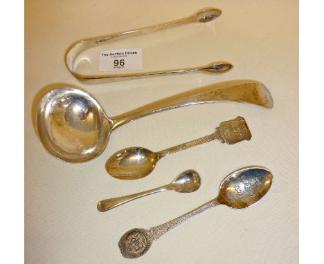 Hallmarked Sterling silver spoons and silver tongs, inc. sauce ladle hallmarked for Sheffield 1927 R.F.Mosley &amp; Co., comb