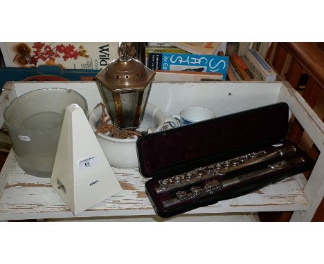 A Yamaha metronome and a Yamaha flute together with some china and glass, etc.