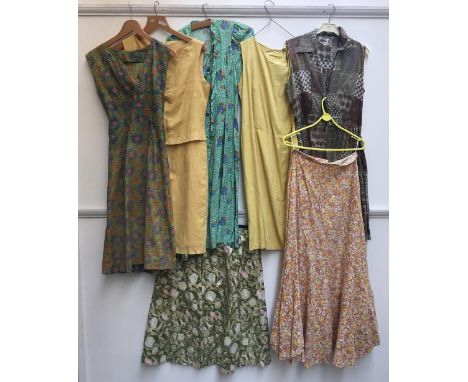 Three 1960s cotton day dresses, a 1960s shift dress in yellow raw silk together with home-made shirt dress in silky floral fa