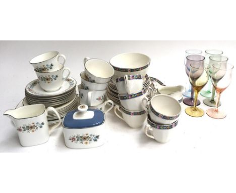 A Royal Doulton 'Pastorale' part tea service and an Alfred Meakin part tea service, together with six coloured wine glasses 