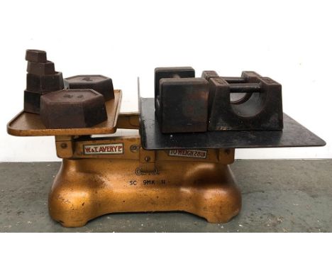 A W&amp;T Avery Ltd Birmingham set of heavy duty scales with a variety of weights from 100g up to 5kg 