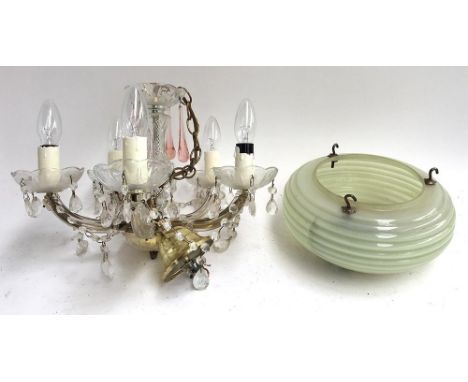 A six light fitting glass chandelier, together with a mid-century milk glass ceiling light shade 