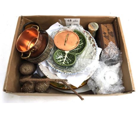 A mixed lot of items to include plated wine coaster, small copper pot, onyx candlestick, various ceramics, etc 
