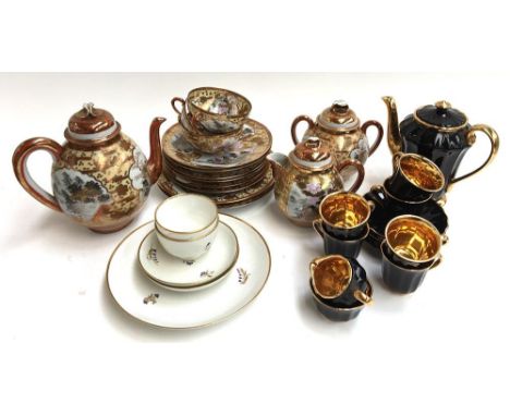 A mixed lot of teawares to include a black and gold Wade coffee set comprising coffee cups (6) and saucers (6), coffee pot, m