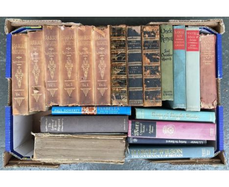 A box of books including Burton, Richard, 'Lady Burton's Edition of Her Husband's Arabian Nights', six vols. ed. Justin Huntl