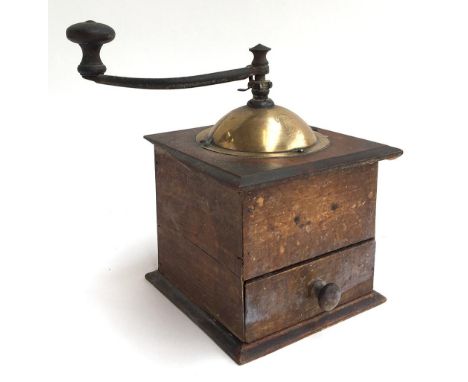 A vintage brass and mahogany coffee grinder, the top marked 'Peugeot Préres, S.G.D.G, Breveté Depose', the box 16.6x16.5x14cm
