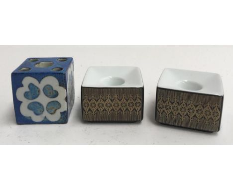 A pair of Rosenthal square ceramic candle holders, together with another similar Royal Copenhagen candle holder 