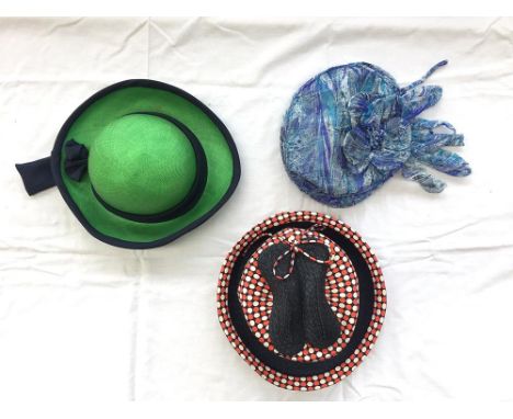 Three hats, 1960s and 70s green straw, with blue silk trim, turban like hat in marbled nylon, and blue straw from Gaby Louise