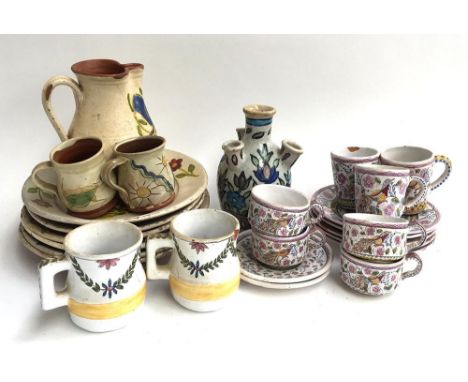 A mixed lot of continental ceramics to include Portuguese majolica cups and saucers, a majolica vase, and several hand painte