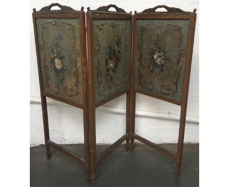 A 19th century three panel low screen, the panels painted with Romantic scenes, the reverse with still lifes of flowers, 100c
