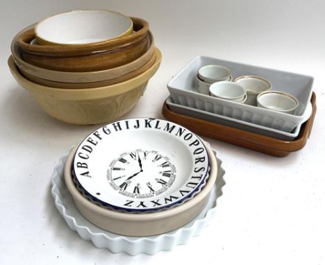 Several mixing bowls, ceramic pie dishes, rectangular oven dishes, some ramekins, and a genuine Mikky-jug enamel bowl 
