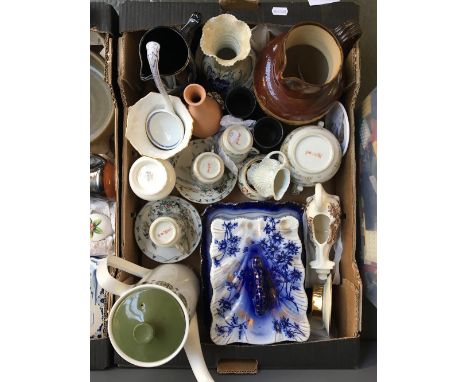 A box of ceramics including a Royal Lambeth Hunting jug, and antique cheese dish, several Japanese tea cups and saucers, and 