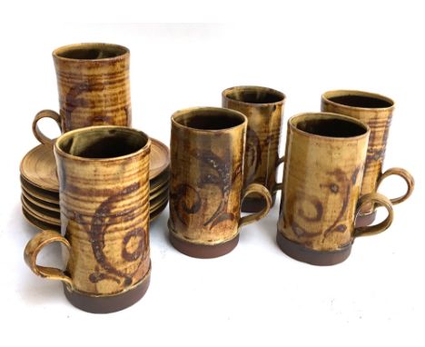 Six mugs and saucers by Leonard Stockley, Weymouth 