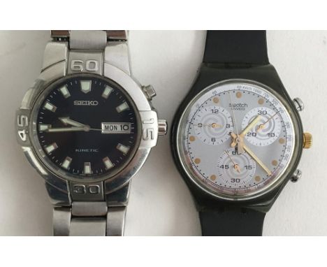 A Seiko Kinetic wrist watch with stainless steel bracelet, together with a Swatch watch 