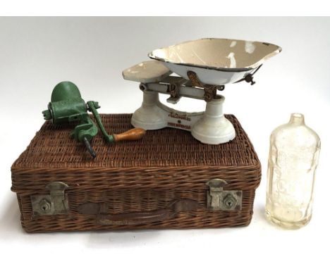 A vintage wicker picnic basket with leather handle, together with a set of kitchen scales by Siddons Ltd (no weights), a vint