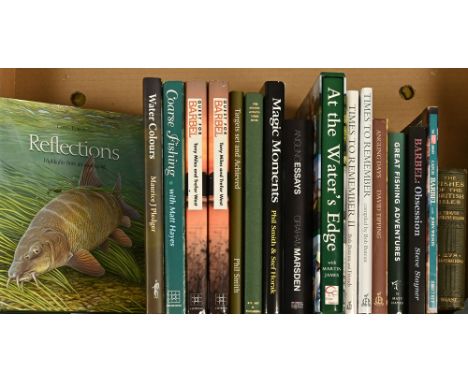 A selection of mostly books about fishing, "Barbel" by Steve Stayner signed, "Great Fish Adventure" by Matt Hayes signed, "An