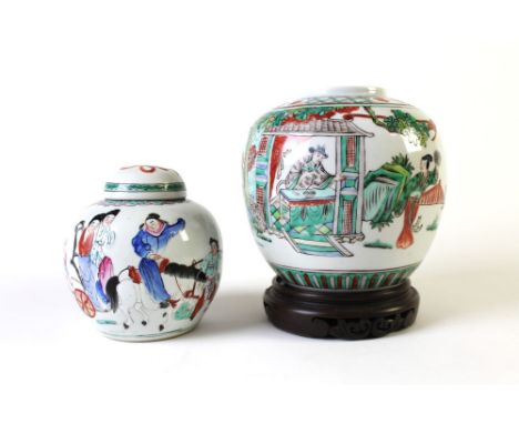 Two Chinese antiquarian ginger jars, 17 cm high with wood stand and 14 cm high.   CONDITION REPORT:  The larger ginger jar ma