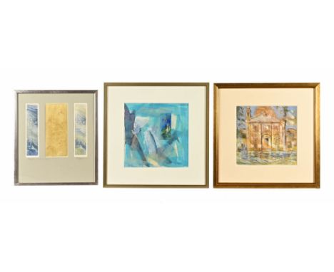 Ken Longcake, two acrylics and a triptych etching/aquatint, acrylic one "Venetian" 33 cm x 33 cm, framed, signed with initial