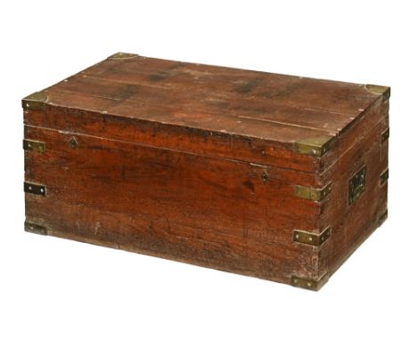 A 19th century brass bound military type trunk, with recessed carrying handle to either side.  Height 43 cm, width 96 cm, dep