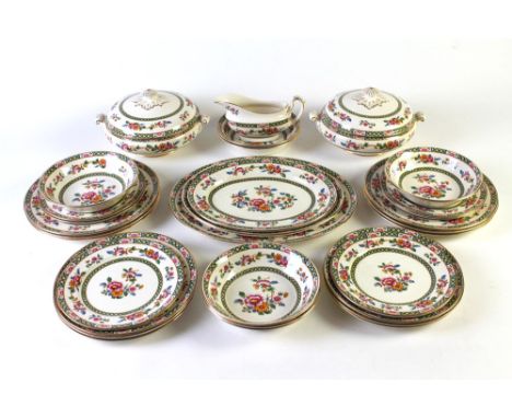 A Sampson Bridgewood floral decorated part dinner service, dinner plates, tureens, ashettes etc.