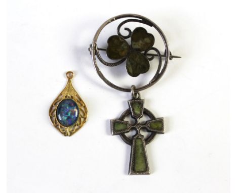 An opal pendant, Celtic cross and brooch.