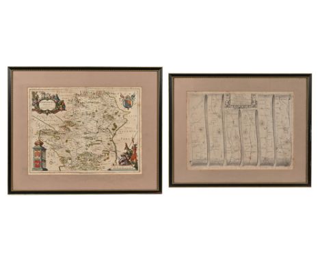 A framed antique County Map of Hertfordshire, 51 cm x 39 cm and an antique framed strip road map of the continuation of the r