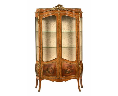 A Vernis Martin Kingwood and ormolu mounted vitrine, with a pair of doors with glazed panels and with painted panels below de