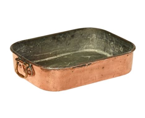 A copper cooking vessel, marked to side WFDS with brass drop handles.  Height 12 cm, width excluding handles 53 cm, depth 40 