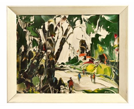George R Deakins (1911-1982), and oil on board, figures in woodland, with label to rear George R Deakins The Gables Studio Du