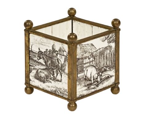 A brass jardiniere stand of square form, with Minton china works tiles to each side and depicting farmyard scenes.  Overall h