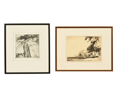 Stublee a limited edition etching "Cliff". 29/50 plate 20 cm x 20 cm, signed and dated 1987, and another etching "Milking Tim