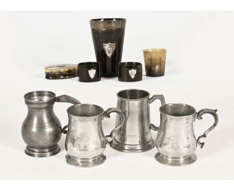 Five pieces of horn, two napkin rings with blank silver shields, small beaker "A present from Gilsland", oval snuff box with 