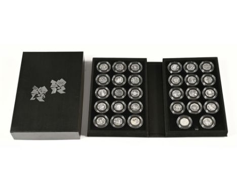 Royal Mint United Kingdom 2012 London Olympics silver proof 50 pence complete set, 29 coins all encapsulated within a fitted 