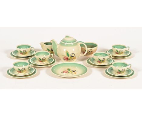 Susie Cooper "Green Nosegay" design tea set, six cups, saucers and tea cups, sandwich plate, sugar basin, jug and teapot.